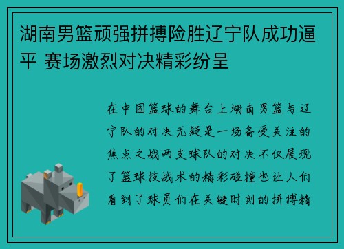 湖南男篮顽强拼搏险胜辽宁队成功逼平 赛场激烈对决精彩纷呈