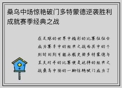 桑乌中场惊艳破门多特蒙德逆袭胜利成就赛季经典之战