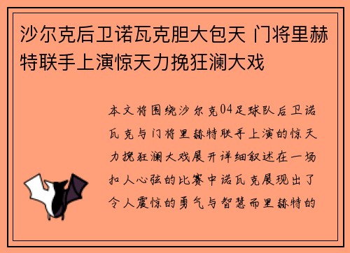 沙尔克后卫诺瓦克胆大包天 门将里赫特联手上演惊天力挽狂澜大戏