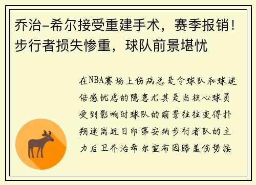 乔治-希尔接受重建手术，赛季报销！步行者损失惨重，球队前景堪忧