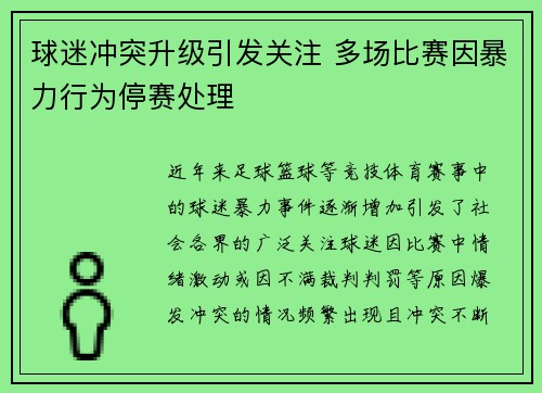 球迷冲突升级引发关注 多场比赛因暴力行为停赛处理